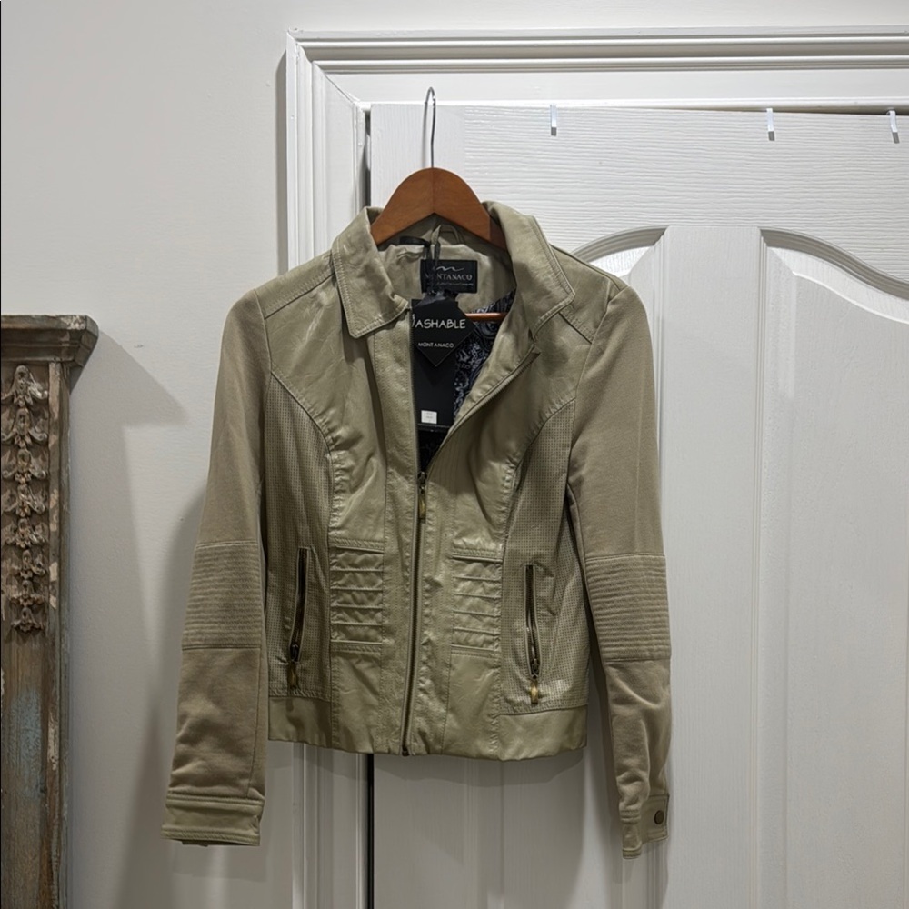 Tan Leather Jacket with Fitted Style and Full-Length Zipper
